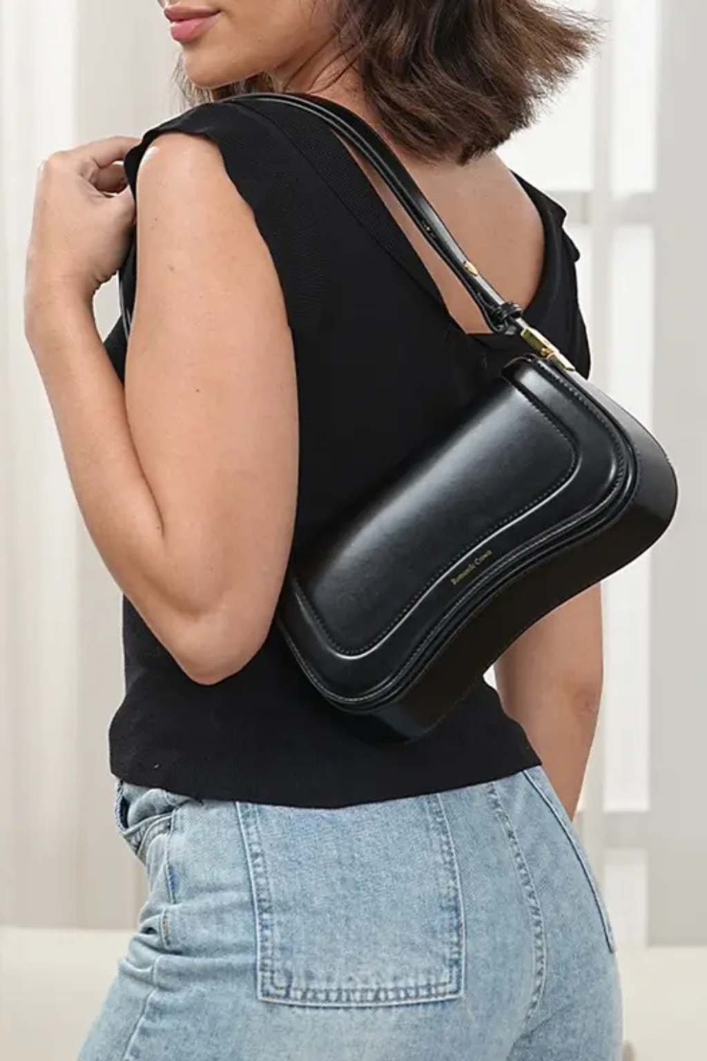 Bolsa Tiracolo Feminina Elegante Presente Perfeito Couro Preto com Alça Ajustável-ROMANTIC CROWN