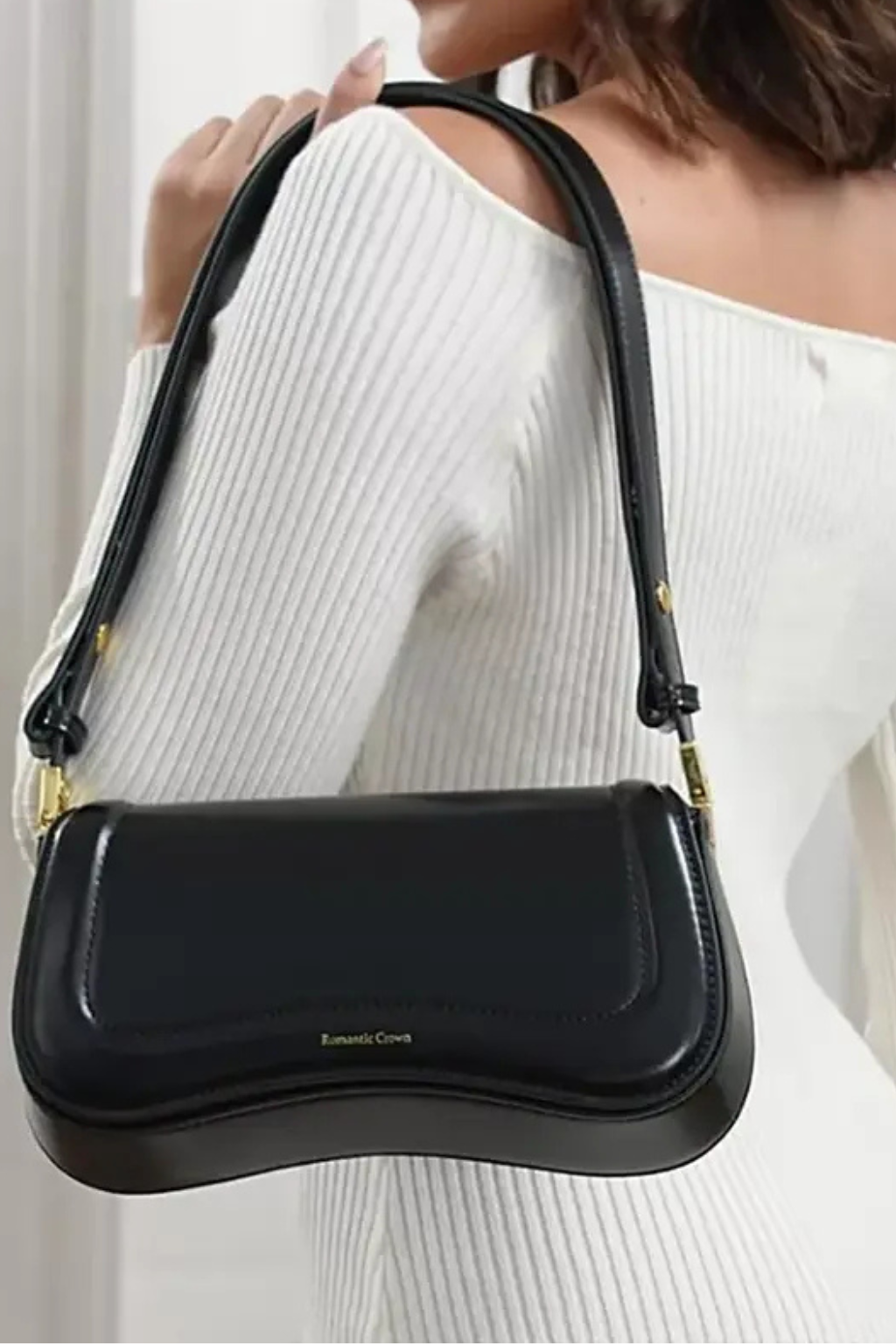 Bolsa Tiracolo Feminina Elegante Presente Perfeito Couro Preto com Alça Ajustável-ROMANTIC CROWN